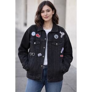 MONAT Boss Babe Black Denim Jacket Oversized Patches XS Small